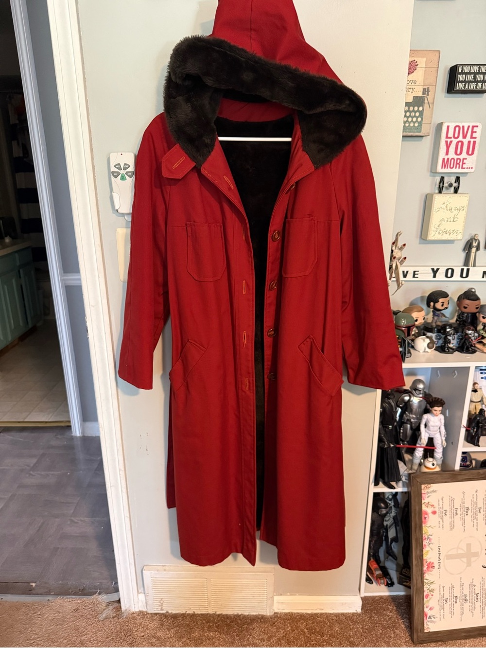 Like New! Size XS Red Long Trench Coat with Faux Fur Hood